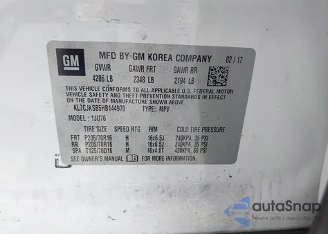 2017 Chevrolet Trax Ls z USA, uszkodzony, nr VIN KL7CJKSB5HB144970